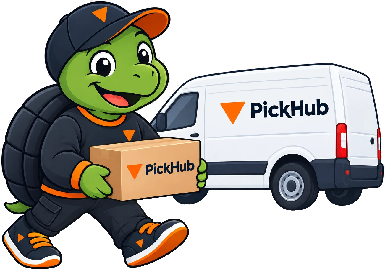 PickHub turtle mascot carrying a parcel from a branded van