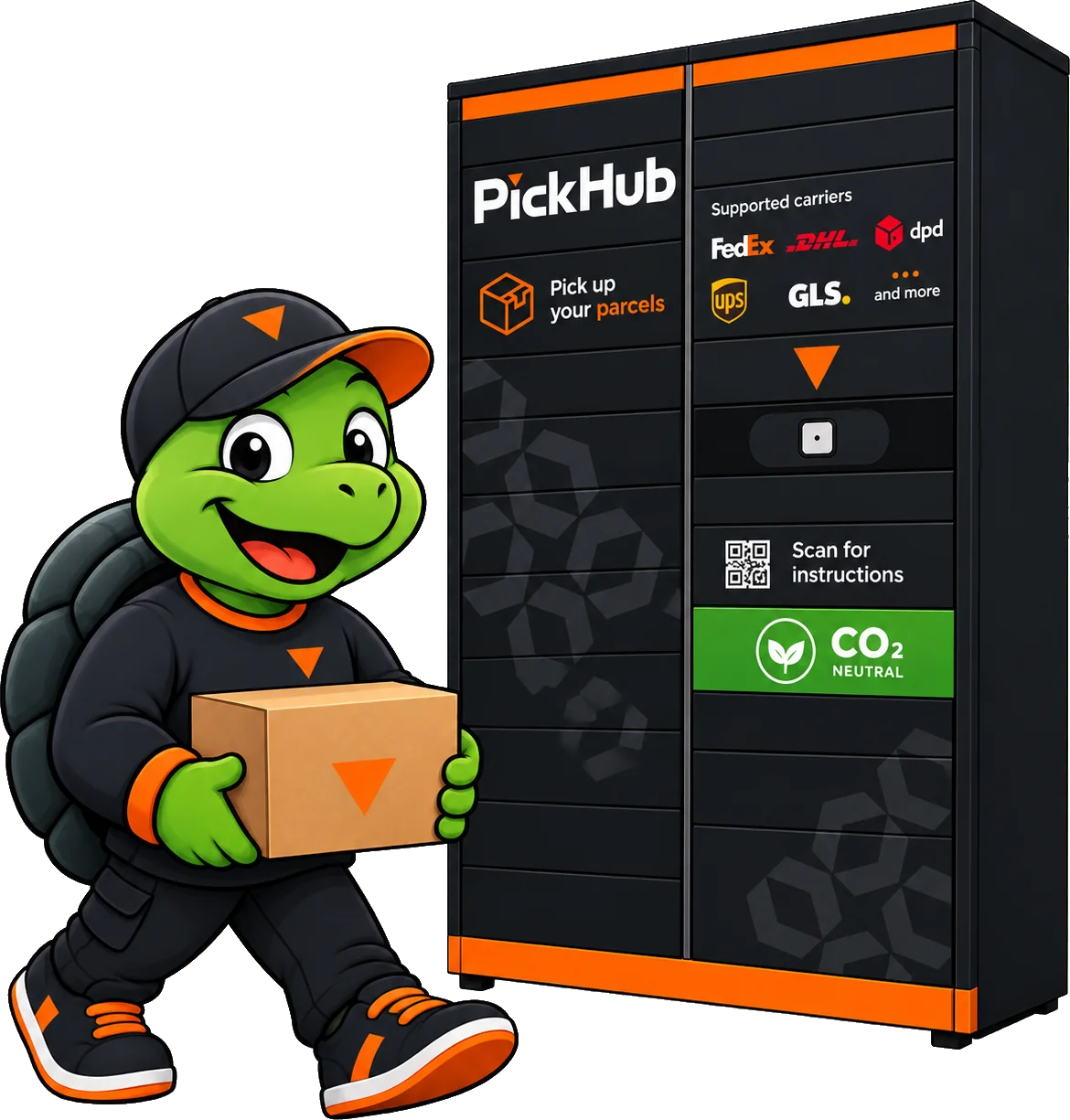 PickHub parcel locker with the turtle mascot carrying a parcel