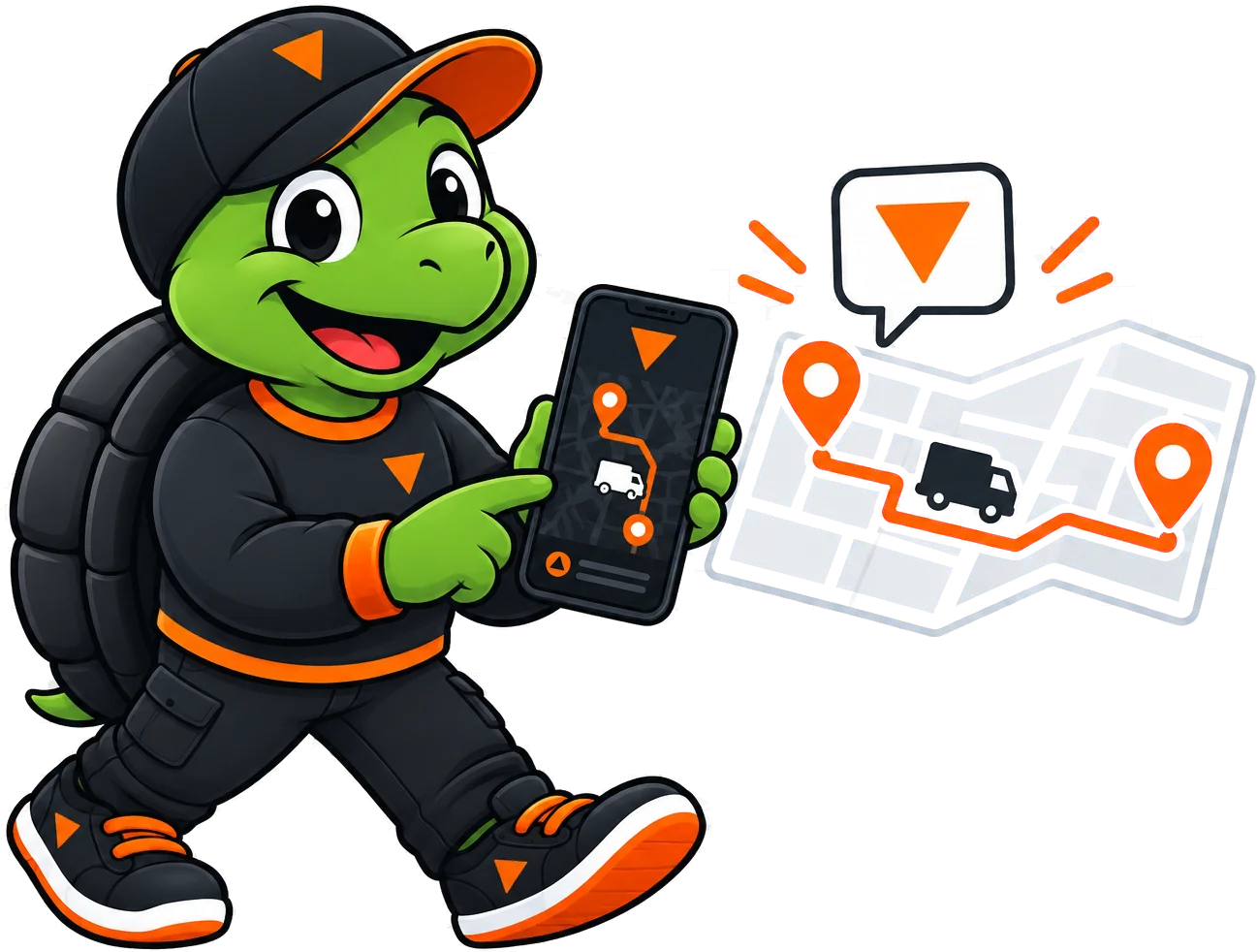 PickHub turtle mascot checking a delivery route on a map in the app