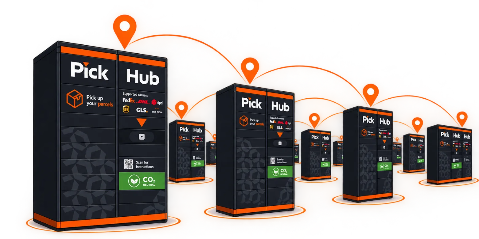 Network of PickHub parcel lockers linked by delivery routes