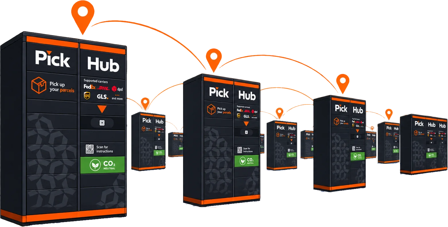 Network of PickHub parcel lockers linked by delivery routes